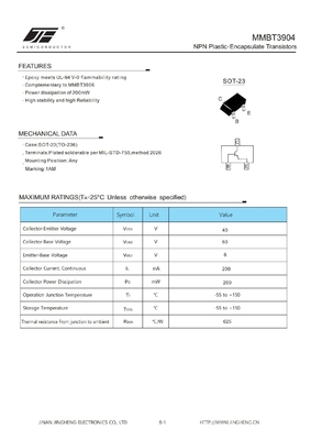 MMBT3904 200mW NPN 플라스틱 캡슐 트랜지스터 NO LIGHT 및 SOT-23 패키지